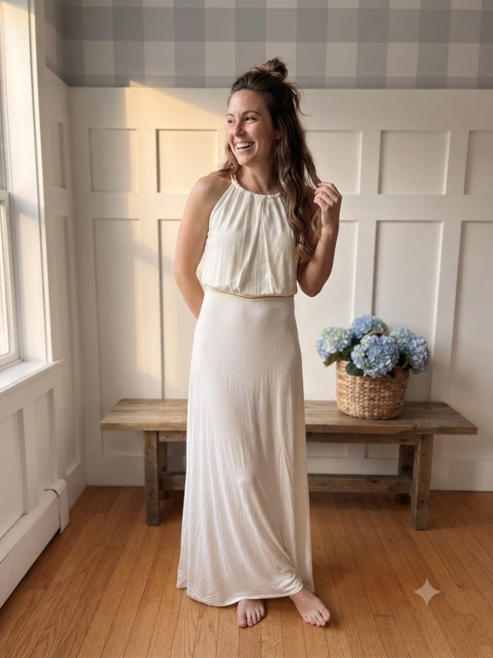 Mango Formal Gold Chain Cream Halter Maxi Dress Small